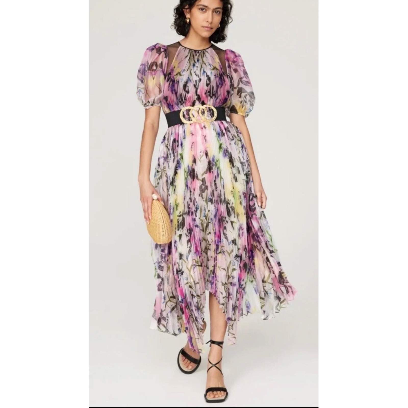 Floral Puff-Sleeve Midi Dress In Violet Multi